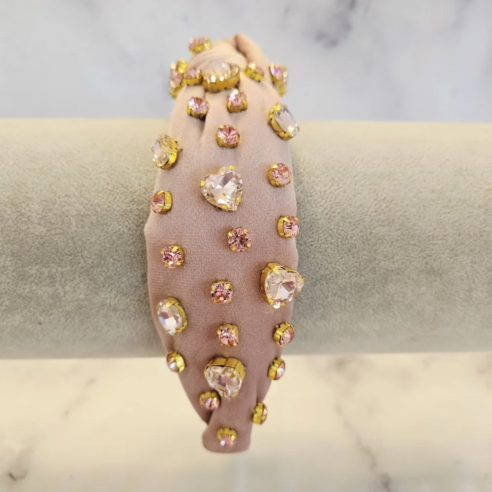 Lele Sadoughi Birthstone JUNE - Heart Crystal Velvet Headband Alexandrite Pink